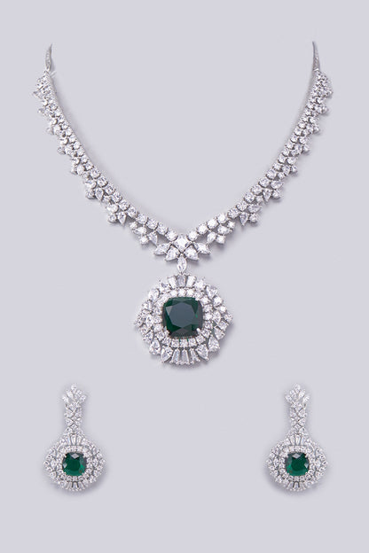 White Finish Zircon & Green Stone Necklace Set
