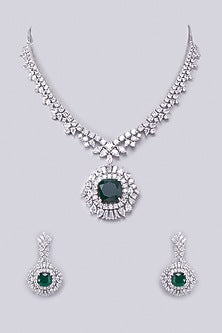 White Finish Zircon & Green Stone Necklace Set