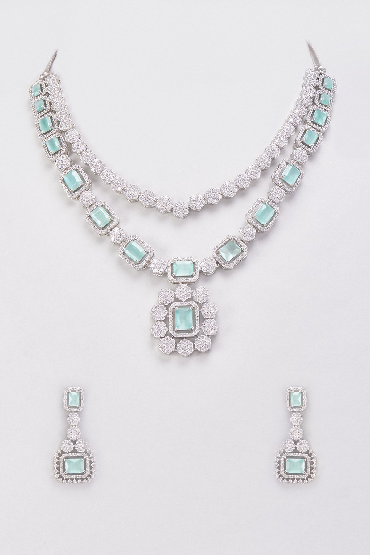 White Finish Zircon & Aqua Blue Stone Layered Necklace Set