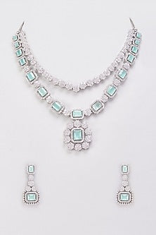 White Finish Zircon & Aqua Blue Stone Layered Necklace Set