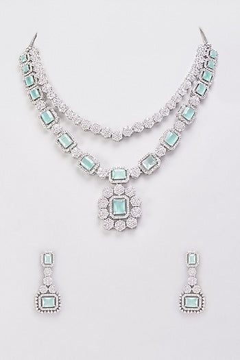 White Finish Zircon & Aqua Blue Stone Layered Necklace Set