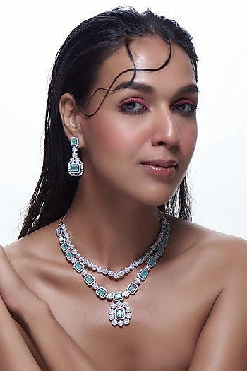 White Finish Zircon & Aqua Blue Stone Layered Necklace Set