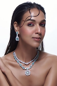 White Finish Zircon & Aqua Blue Stone Layered Necklace Set
