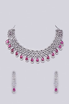 White Finish Zircon & Red Stone Necklace Set