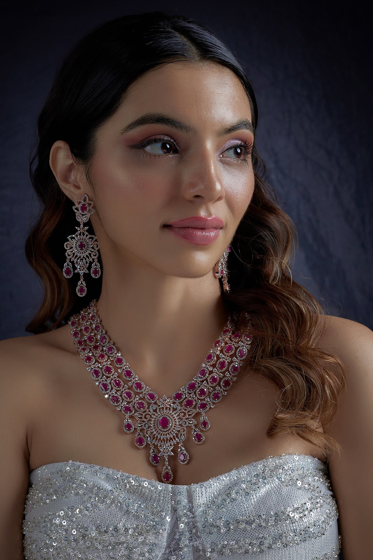 White Finish Ruby Synthetic Stone & Zircon Necklace Set