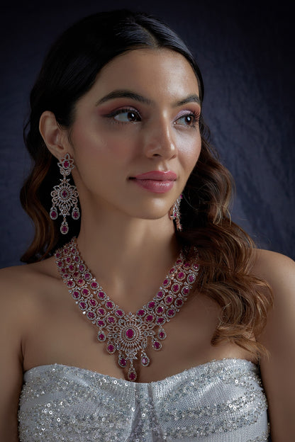 White Finish Ruby Synthetic Stone & Zircon Necklace Set