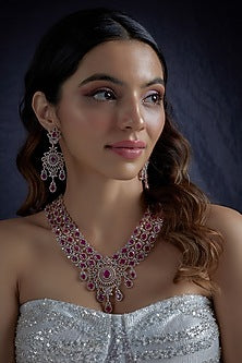 White Finish Ruby Synthetic Stone & Zircon Necklace Set