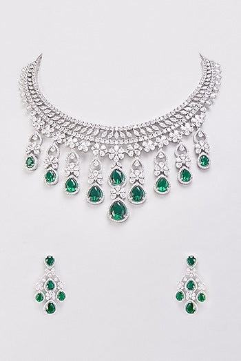 White Finish Synthetic Emerald Stone & Zircon Necklace Set