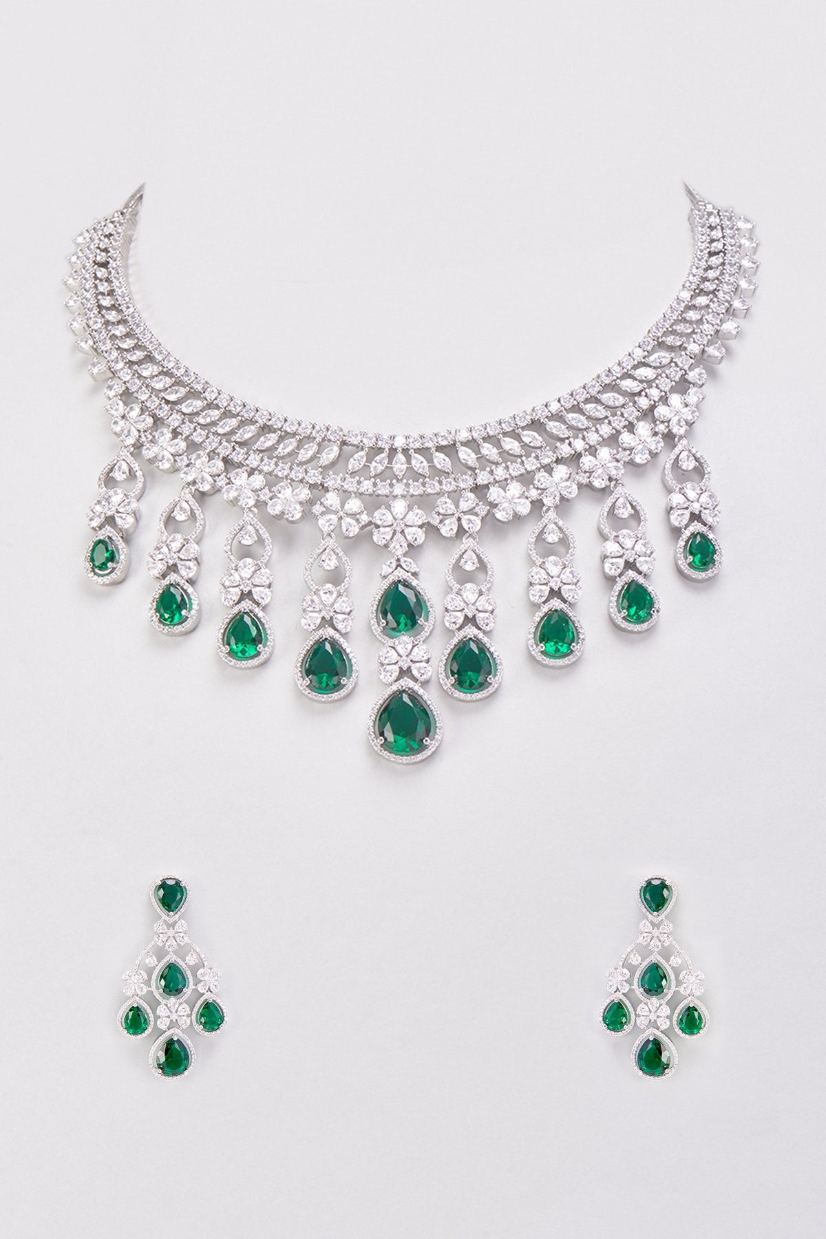 White Finish Synthetic Emerald Stone & Zircon Necklace Set