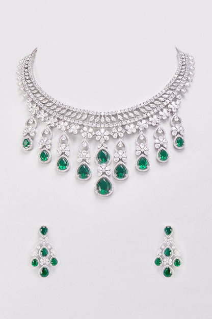 White Finish Synthetic Emerald Stone & Zircon Necklace Set