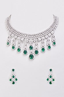 White Finish Synthetic Emerald Stone & Zircon Necklace Set