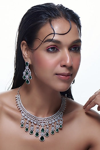 White Finish Synthetic Emerald Stone & Zircon Necklace Set