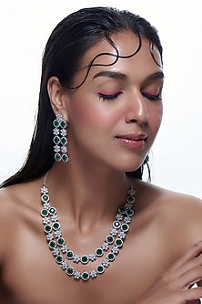 White Finish Synthetic Emerald Stone & Zircon Necklace Set