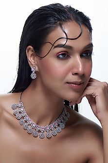 White Finish Zircons & Pink Stones Necklace Set