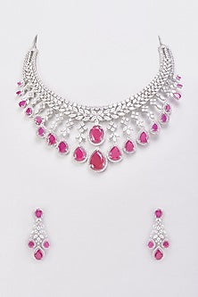 White Finish Synthetic Ruby Stone & Zircon Necklace Set