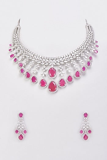 White Finish Synthetic Ruby Stone & Zircon Necklace Set
