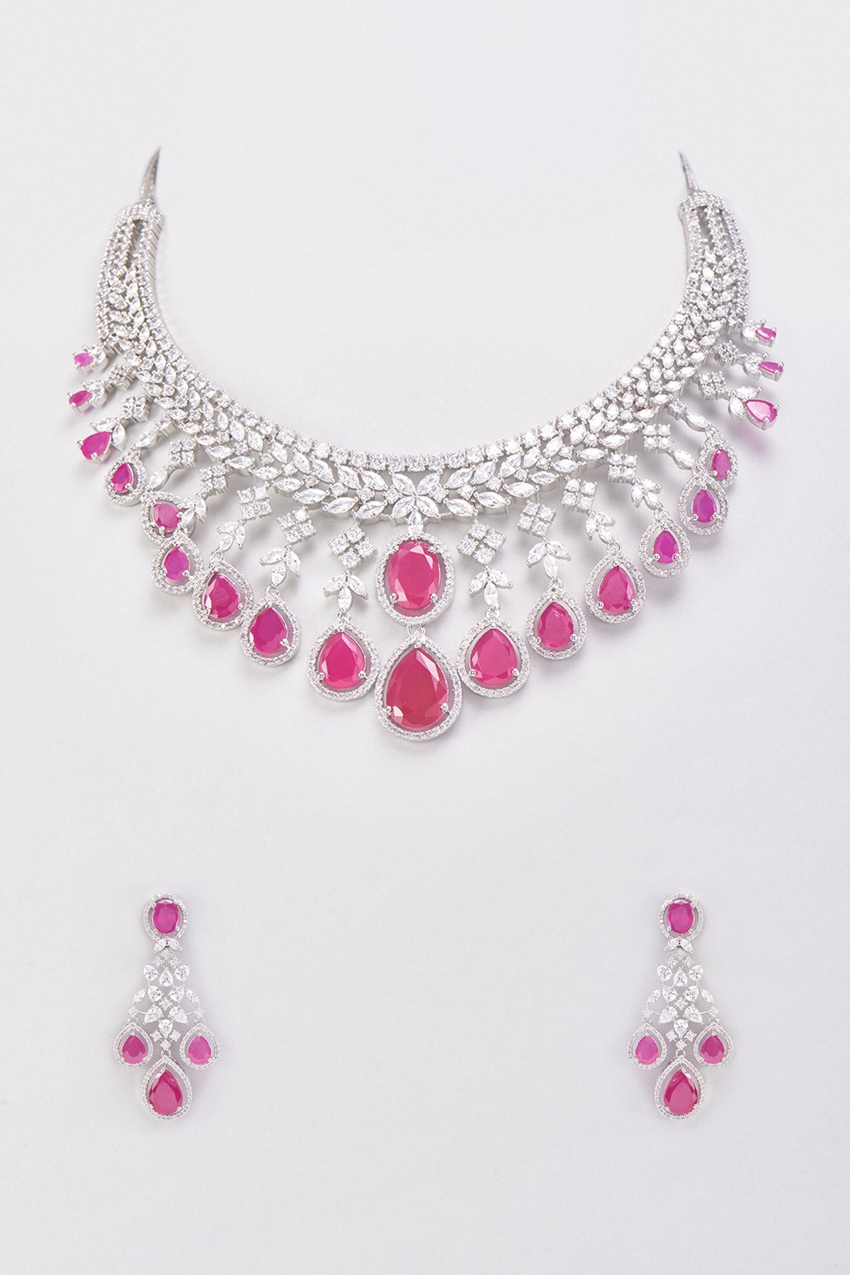 White Finish Synthetic Ruby Stone & Zircon Necklace Set