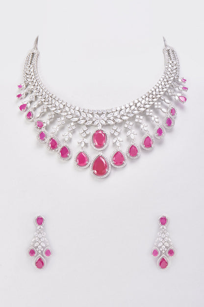White Finish Synthetic Ruby Stone & Zircon Necklace Set