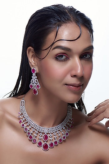 White Finish Synthetic Ruby Stone & Zircon Necklace Set