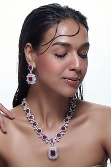 White Finish Synthetic Ruby Stone & Zircon Necklace Set