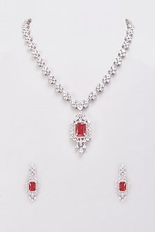 White Finish Zircons & Red Stone Necklace Set