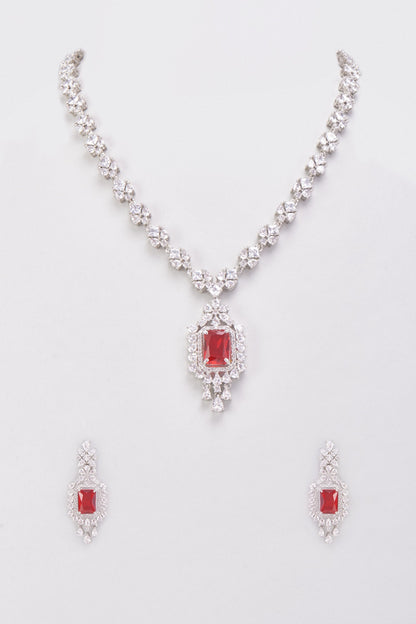 White Finish Zircons & Red Stone Necklace Set