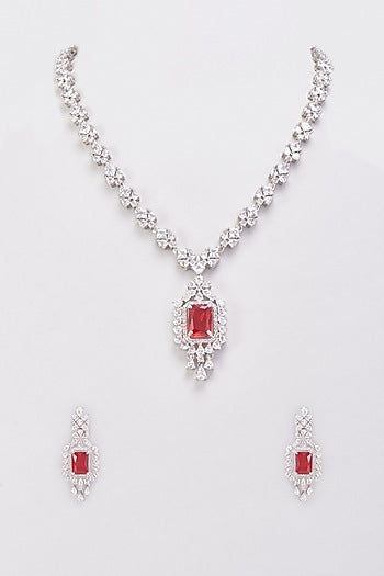 White Finish Zircons & Red Stone Necklace Set