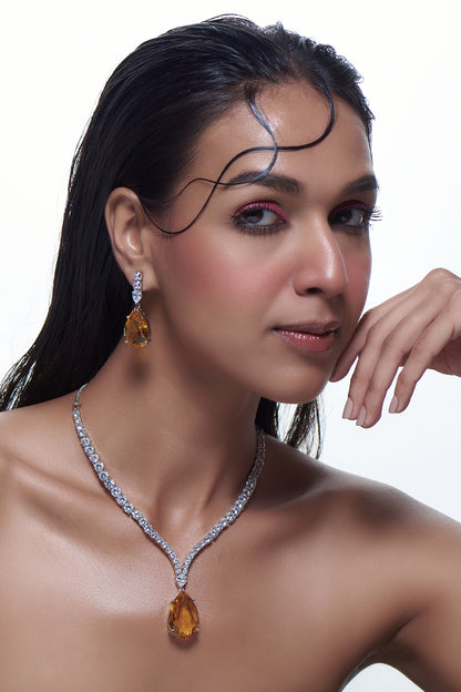 White Finish Zircon & Yellow Stone Necklace Set