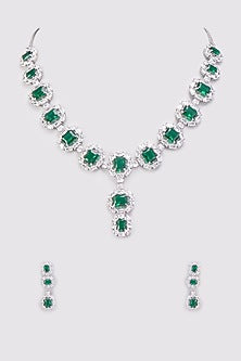 White Finish Emerald Synthetic Stone & Zircon Long Necklace Set