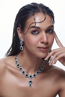 White Finish Emerald Synthetic Stone & Zircon Long Necklace Set