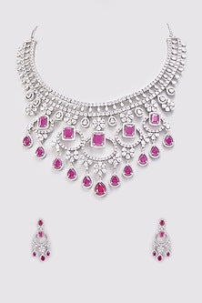 White Finish Zircon & Pink Stone Long Necklace Set