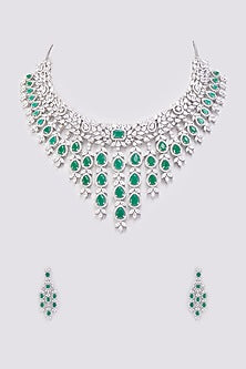 White Finish Emerald Synthetic Stone & Zircon Long Necklace Set