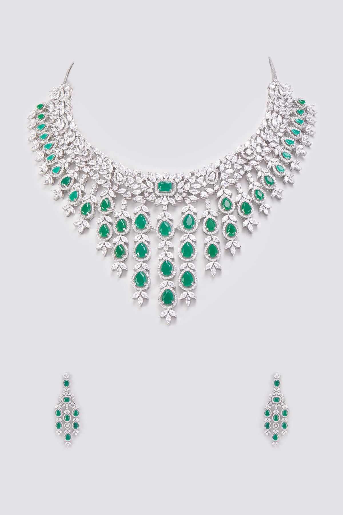 White Finish Emerald Synthetic Stone & Zircon Long Necklace Set