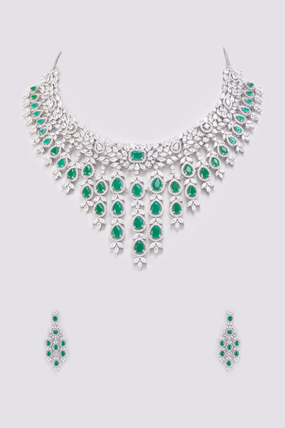 White Finish Emerald Synthetic Stone & Zircon Long Necklace Set