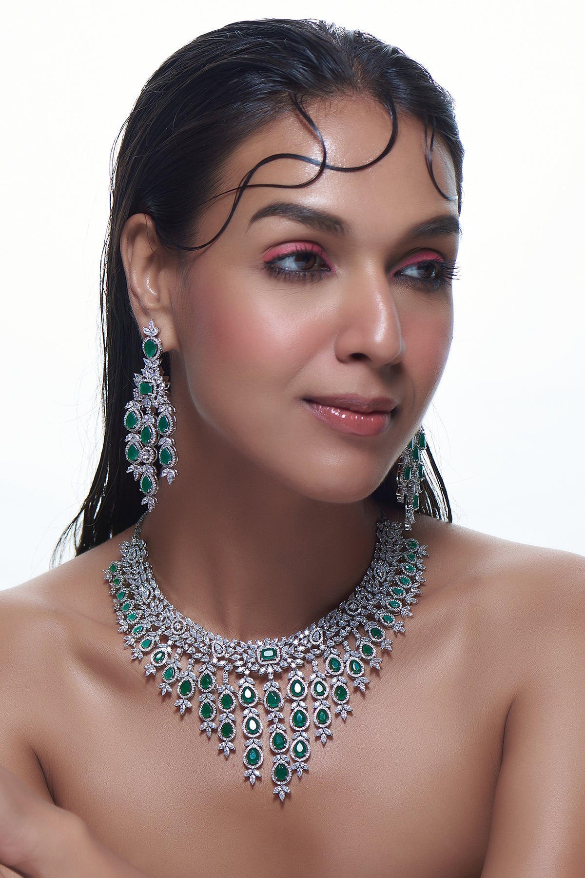 White Finish Emerald Synthetic Stone & Zircon Long Necklace Set