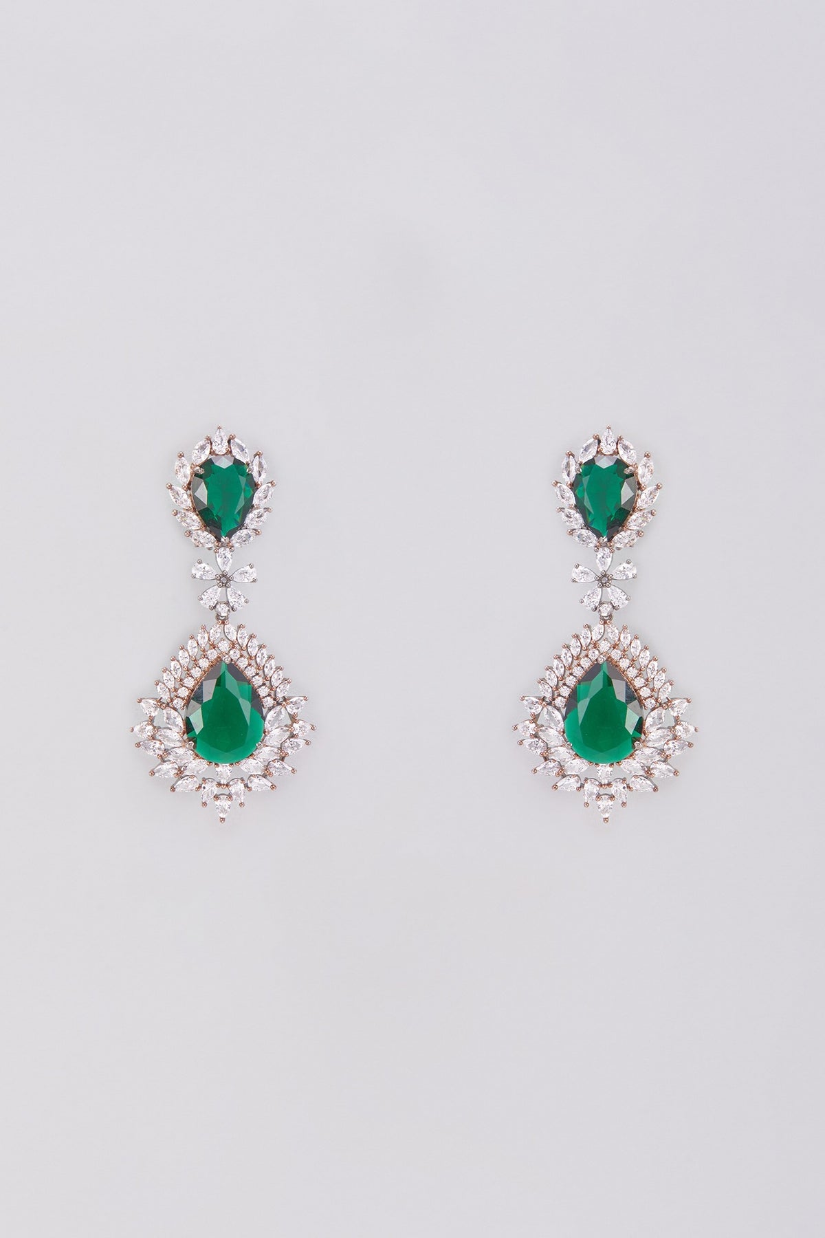 White finish Emerald & Zircon Dangler Earrings