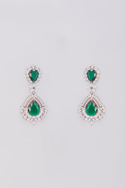 White finish Emerald & Zircon Dangler Earrings