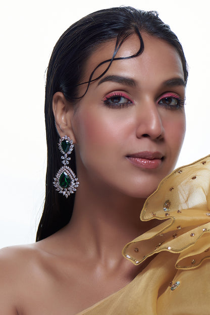 White finish Emerald & Zircon Dangler Earrings