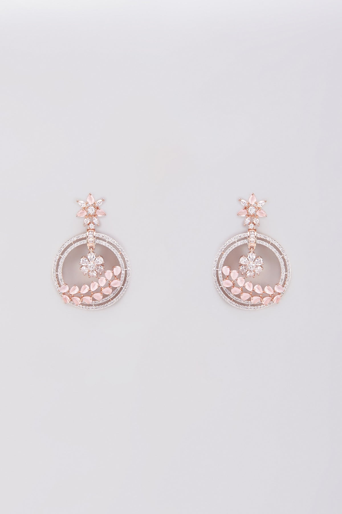 Rose Gold Finish Pink Stone & Zircon Dangler Earrings