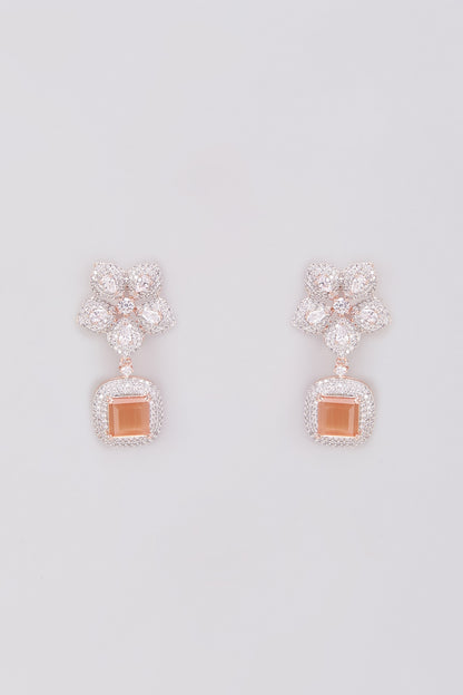 White Finish Zircon & Orange Stone Dangler Earrings