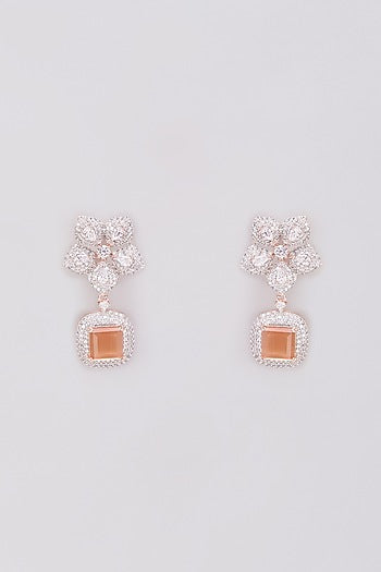 White Finish Zircon & Orange Stone Dangler Earrings