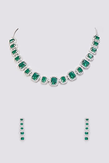 White Finish Zircon & Emerald Synthetic Stone Necklace Set