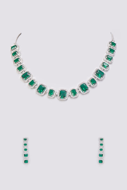 White Finish Zircon & Emerald Synthetic Stone Necklace Set
