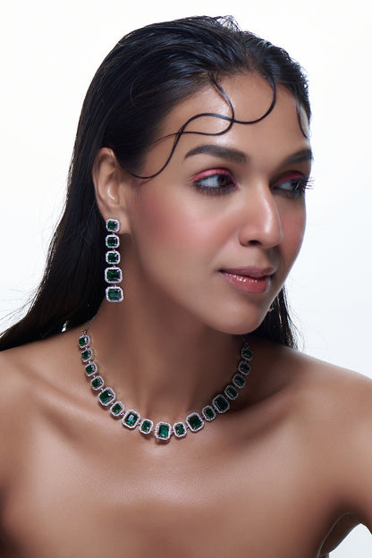 White Finish Zircon & Emerald Synthetic Stone Necklace Set