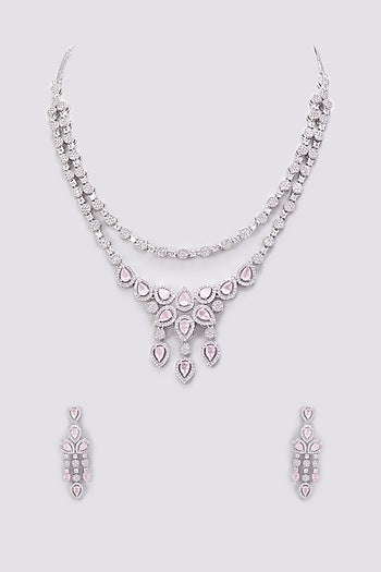 White Finish Zircon & Pink Stone Layered Necklace Set