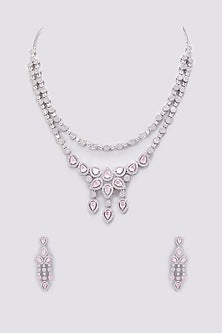 White Finish Zircon & Pink Stone Layered Necklace Set