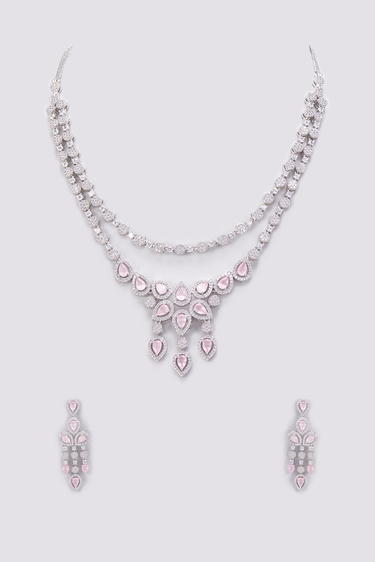 White Finish Zircon & Pink Stone Layered Necklace Set