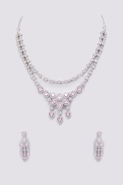 White Finish Zircon & Pink Stone Layered Necklace Set