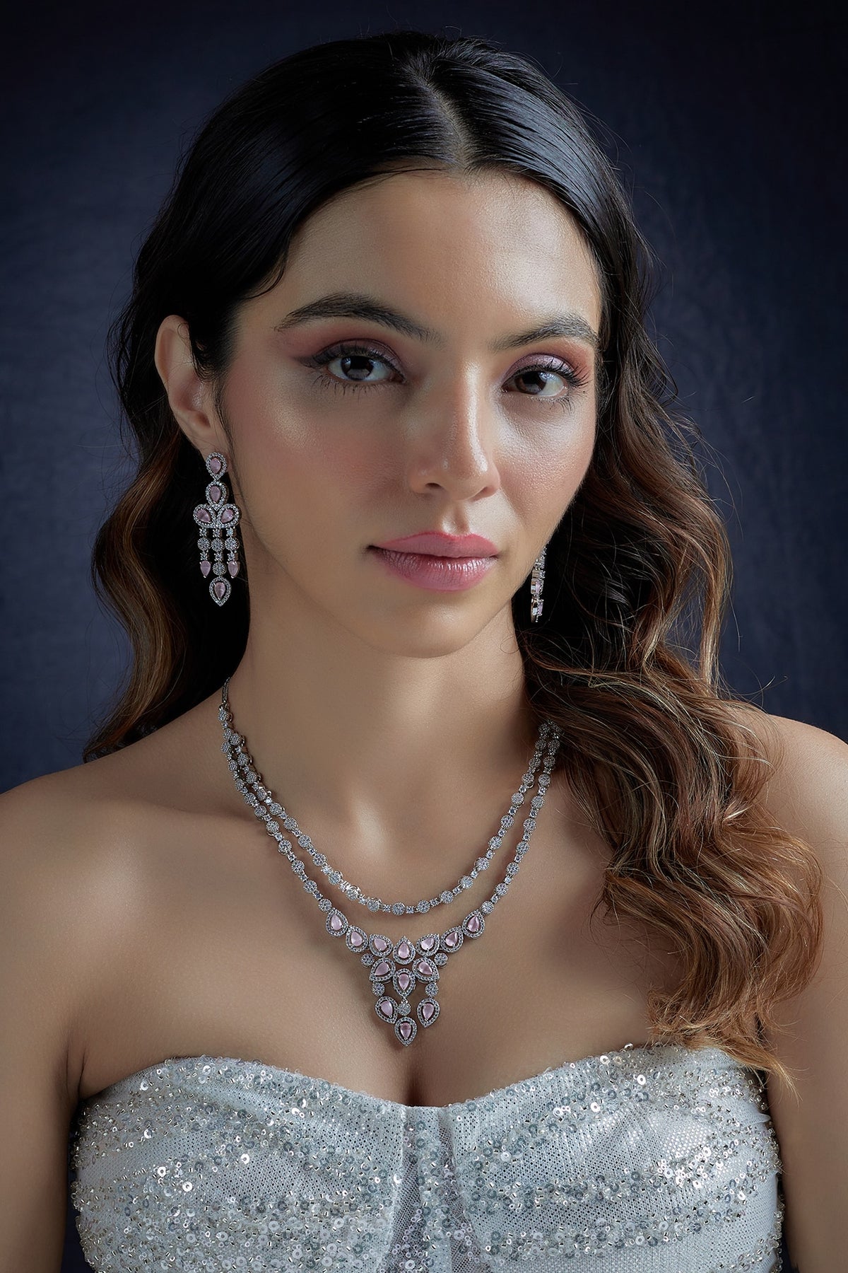 White Finish Zircon & Pink Stone Layered Necklace Set