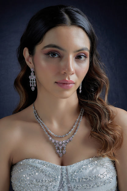 White Finish Zircon & Pink Stone Layered Necklace Set